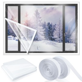 Beeveer 87 Inch X 20 ft Window Insulation Kit Cuttable Transparent Film with Adhesive Straps Reusable Window Plastic for Winterizing Thicken Thermal Waterproof Attic Insulation Cover Warm Winter