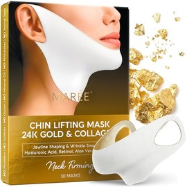 MAREE Mascarilla reafirmante con tira para la barbilla en forma de V - Mascarilla facial y de cuello con cinta de oro de 24 quilates - Doble tira para la barbilla para dormir - Parches reductores de