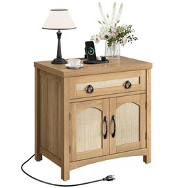 DWVO Rattan Nightstand with Charging Station, Farmhouse End Table w/2-Door Cabinet, Bed Side Table with Drawer, Boho Storage Bedside Cabinet, Night Stand for Bedroom Living Room Narrow (Oak)