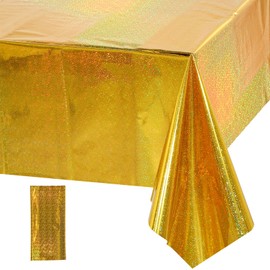 1 Pack Iridescence Plastic Tablecloths Shiny Disposable Laser Rectangle Table Covers Holographic Foil Tablecloth Iridescent Party Decoration Birthday Bridal Wedding Christmas 54" x 108" (Gold)