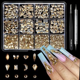 Cycullinyt 1660Pcs Champagne Nail Art Rhinestones: 8 Types of Multi Shapes Diamonds + 4 Sizes Flatback DIY Crafts Rhinestone Crystals 3D Glass Stones Set + Tweezer + Pickup Pen