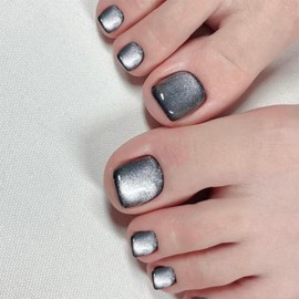 Silver Black Press on Toenails Short Square Fake Toe Nails with Glitter Acrylic Toenails Glossy Ombre False Toe Nails Glue on Toenails for Women and Girls Manicure Decorations 24 Pcs
