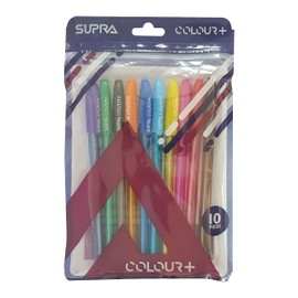 SUPRA Colour+ MULTICOLOURED Ballpoint Pens Write Draw Sketch Office School Home Mixed Pack (10 x 0.6mm MULTICOLOURS Ball Pens + 1 x ZOFAX Gelo Gel BLACK Pen)
