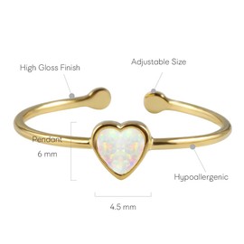 MUSTHAVE 18K Yellow Gold Plated Heart Opal Ring, White Opal Ring, Adjustable Size, Stacking Ring, Metal, Created Opal