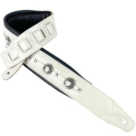 Walker & Williams C-44-WHT Aged White Premium Grain Leather Padded Guitar Strap 3" Wide With Nickel Conchos For Acoustic, Electric, And Bass Guitars