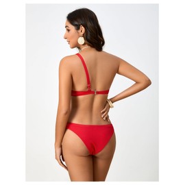 MakeMeChic Women's Bikini Sets Rib Knitted Cut Out One Shoulder Backless Summer Swimsuit Bathing Suits Red Small