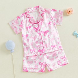 ensswliz Kids Girls Silk Satin Pajamas Set Summer Floral Bow Short Sleeve Lapel Collar Button Down Top Elasticated Waist Shorts Sleepwear Matching Pjs (E-Pink, 3-4 Years)