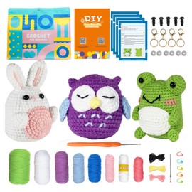 ZOCOYUU Crochet Kit for Beginners, 3 Pattern Animals-Owl, Rabbit, Frog, Knitting Kit for Adult Kids with Step-by-Step Video Tutorials and Yarns, Hook, Accessories (Purple)
