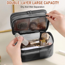 Clear Makeup Bag with Compartments Large Clear Travel Toiletries Toiletry Bag See Through Cosmetic Wash Pouch with Zippers for Women Men (Black)