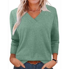 Long Sleeve Shirts for Women V Neck Womens Tops Dressy Casual Fall Shirts 2025 School Outfits for Teachers Plus Size Spring Clothes Blue Green XL
