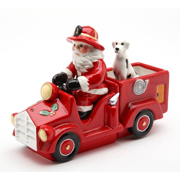 Cosmos Gifts 10263 Ceramic Christmas Santa on a Firetruck Salt and Pepper Shaker with Dalmation Sugar Pack Holder Car (Set of 3), 5-5/8" L