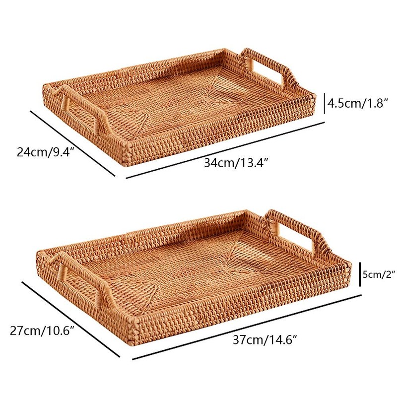 I-lan 2 Pack Rattan Rectangle Serving Basket Tray with Handle-