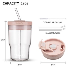 BLUEPOLAR Glass Cups with Lids and Straws,17oz/500ml Reusable Iced Coffee Glasses & Juice Bottles,Cold Brew Tumblers with Leakproof Lids,BPA-Free Glass Jars for Juicing,Matcha,Tea,Smoothie (Pink)