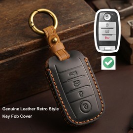 Hontumax Premium Leather Key Fob Cover Case for Kia Sorento Sportage Optima (2014-2020), for Kia Soul Forte (2014-2019), for Kia NIRO Rio Sedona Key Holder (Black)