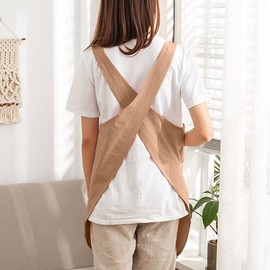Cotton Cross Back Aprons Solid Color Cooking Kitchen Garden Smock for Women Girls with Pockets (Brown, 37Wx 32L)