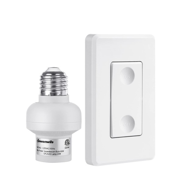 DEWENWILS Remote Control Light Bulb Socket, Wireless Light Switch for Pull Chain Light Fixture, Remote Light Socket E26 E27 Bulb Base with Wall Mounted Wireless Controller, No Wiring, ETL Listed
