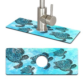 WIRESTER Super Absorbent, Fast Drying Kitchen Sink Splash Guard Faucet Mat, Sink Mat Behind Faucet Drip Catcher, Sink Gadget for Kitchen, Bathroom (15 x 5.5 Inch) - Ocean Sea Turtles