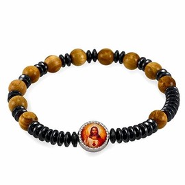 Rosary Bracelet Olive Wood and Hematite Beads Sacred Heart of Jesus Meallion for Men and Women