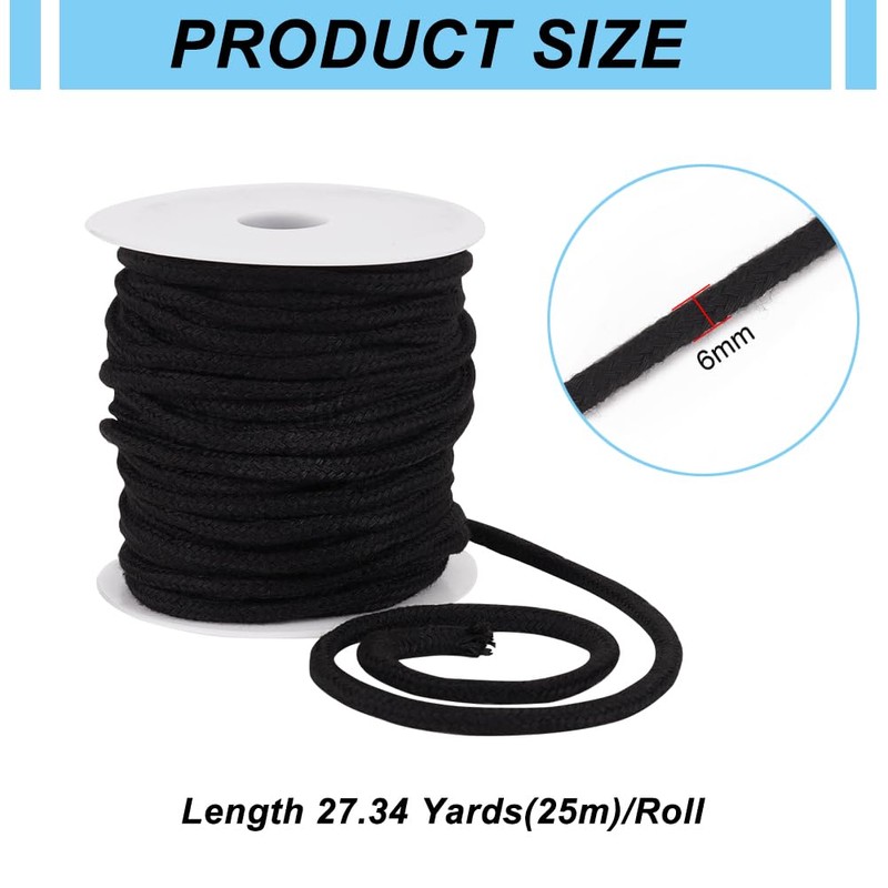 BENECREAT 25m/27.34 Yards Black Drawstring Replacement Rope, 6mm Polycotton Soft