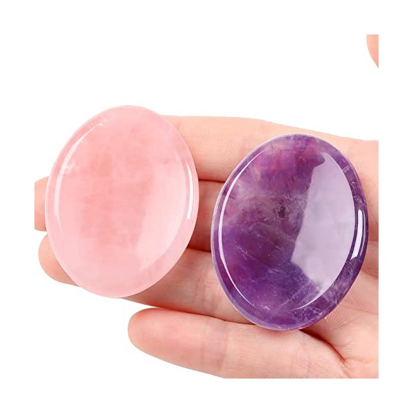 XIANNVXI 2Pcs Crystal Stones Healing Crystals Thumb Worry Stones Amethyst Rose Quartz Gemstones Natural Polished Oval Palm Pocket Stone for Anxiety Stress Relief Meditation