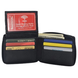 MARSHAL RFID Men's Leather Zipper wallet Zip Around Wallet Bifold Multi Card Holder Purse (Black)