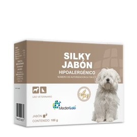 SILKY JABÓN Hipoalergénico 100 g. Formulado con extracto de avena que promueve la higiene y el cuidado de la piel, dejando una apariencia con un pelaje sedoso y brilloso. Puede ser utilizado para el baño de cachorros. Cuenta con agradable aroma.