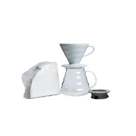Hario V60 Coffee Pour Over Kit Bundle Set - Comes with Ceramic Dripper, Range Server Glass Pot, Measuring Spoon, and 100 Count Package of Hario 02W Coffee Filters