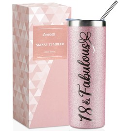 Onebttl 18th Birthday Gifts for Girls, Women, Her - 18 and Fabulous -20oz/590ml Stainless Steel Insulated Glitter Tumbler with Straw, Lid, Message Card - (Rose Gold)