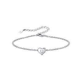 Silvora S925 Silver Women's Bracelets with Letter A-Z Mini Small Initial Heart Pendant Silver Colour 16 cm + 5 cm Extension Chain for Women Girls, 16 centimetres, Sterling Silver, Cubic Zirconia