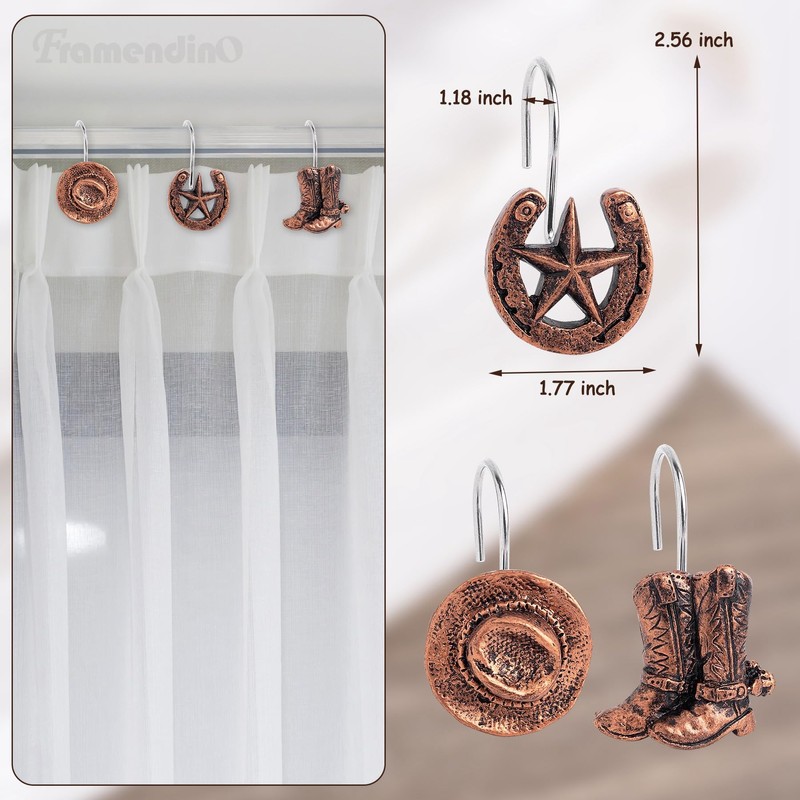 Framendino, 12 Pack Western Cowboy Pendant Shower Curtain Hooks Stainless