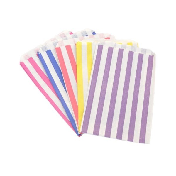 50 x Mixed Colours & White Stripe / Striped Paper Sweet Party Bags - 7" x 9"