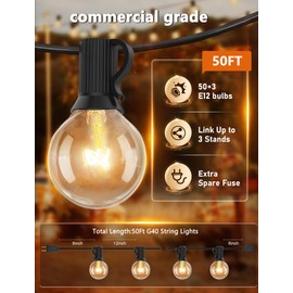 50 Feet Patio String Lights with 53 Edison Globe Bulbs, UL Listed for Indoor Outdoor Use, E12 Socket Base, Connectable Lights for Porch Deck Gazebos Balcony Wedding Gathering Parties Decor, Black