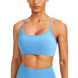 Unthewe - Brasier deportivo de entrenamiento para mujer, sin espalda, acolchado de bajo impacto, para gimnasio, yoga, playera sin mangas, Azul, L
