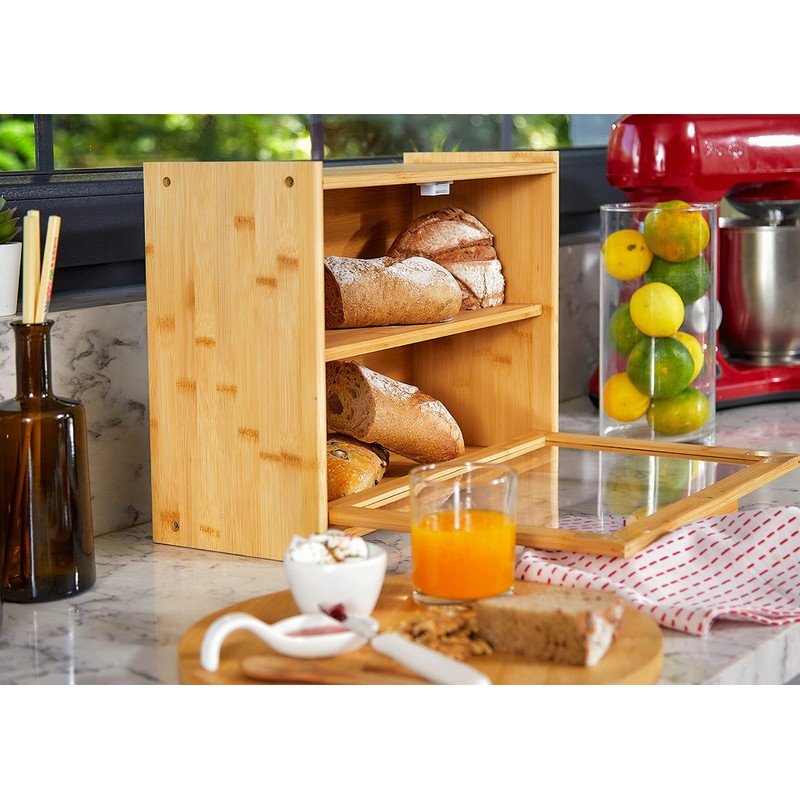 RoyalHouse Premium Bamboo Double Layer Bread Box With Clear Window,