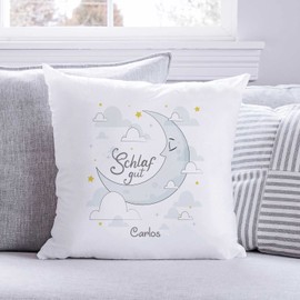 GRAVURZEILE Cushion with Saying - Schlaf gut - Children's Gifts - Printed Cushion with Moon Motif - Gift for Boys and Girls for Birthday Christmas - Size with Filling
