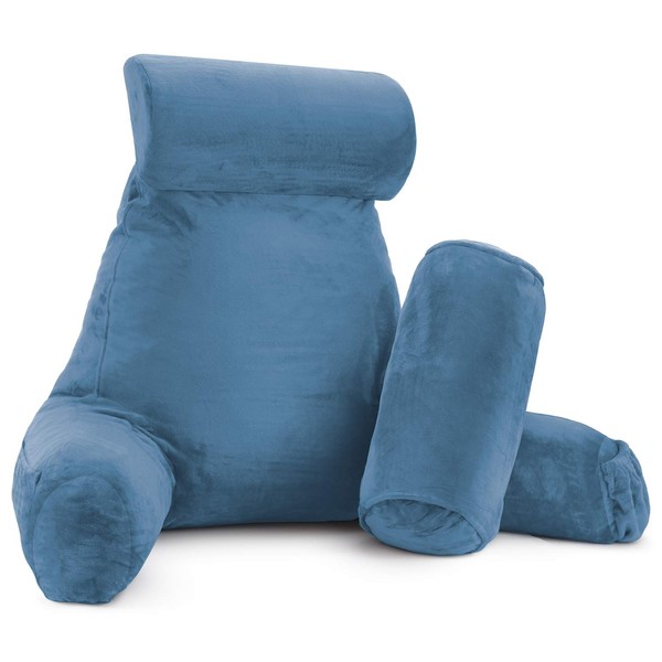 Clara Clark Reading Pillow Adult, Back Pillow for Sitting in Bed - Shredded Memory Foam Reading & Bed Rest Pillow with Arms and Pockets - Bed Pillows for Sitting Up in Bed - Large, Blue Heaven