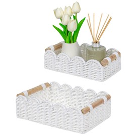 CubesLand Scalloped Edge Decor Baskets for Home, Living Room, Toilet Paper Storage Basket for Over Toilet Tank Top, Storage Shelf, Cute Small Paper Rope Baskets Both Storage&Decor, Set 2 White