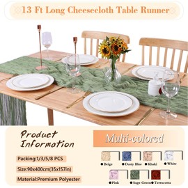Kesfey Sage Green Cheesecloth Table Runner 35"x157", 13FT Long Gauze Table Runner Boho for Wedding, Festive Decorations and Large Parties(90x400cm)