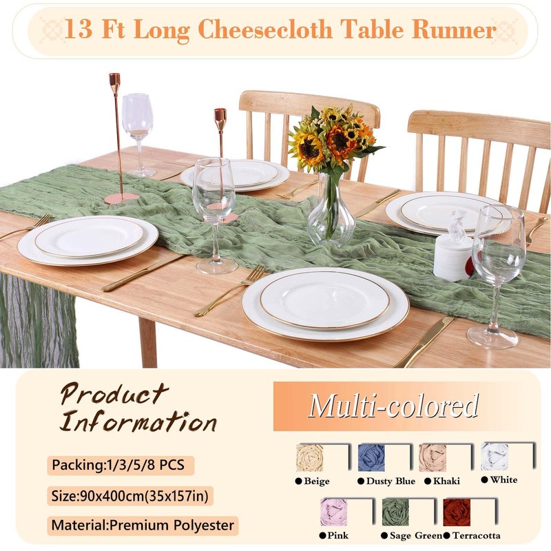 Kesfey Sage Green Cheesecloth Table Runner 35"x157", 13FT Long Gauze