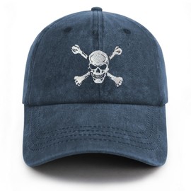 Gaakvrr Skull and Crossbones Baseball Cap for Men Women, Embroidered Skeleton Hat, Funny Adjustable Washed Denim Cotton Skull Hat(Dark Blue)