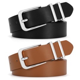 SANSTHS 2 Pack Women Belt for Jeans Pants, Simple Fashion Ladies Waist Belt with Silver Buckle, 1inch Width, Black+Brown M