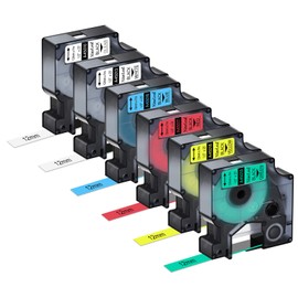 NineLeaf 6 x Compatible with Dymo D1 12 mm Label Tape 45013 45010 45016 45017 45018 45019 Label Tape 12 mm x 7 m for LabelManager 160 280 100 210D 360D 420P, Black on Clear/White Yellow/red/red/green