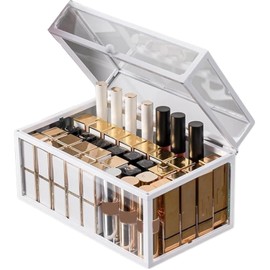 Organizador de lápiz labial, soporte para lápiz labial de 9x5x5 con capacidad para 40, organizador brillo labios vidrio transparente, estuche a prueba polvo e impermeable con tapa para to