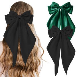 COLANANA 2 Pcs Big Hair Bow,Big Bows for Girls Hair,Black Dark Green Large Hair Bow, Bowknot Hairpin French Hair Clips With Long Silky Satin Hair Barrettes Accessories Bow Hair Clips for Women Girl