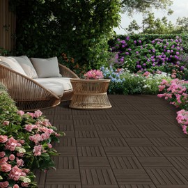 Yaheetech 27PCS Acacia Wood Interlocking Flooring Tiles Waterproof Flooring for Outdoor & Indoor Patio,Balcony,Garden,Poolside,12 × 12 in,Black