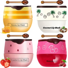 4 Bálsamos Labiales De Abeja En Tarro De Miel, Mascarilla Labial Para Dormir Con Miel, Fresa, Cereza Y Coco, Con Barras, Exfoliante Para Prevenir La Sequedad Y Las Grietas En Los Labios.