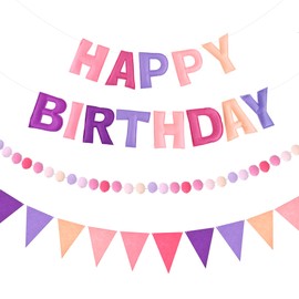 CANREVEL Pre-Strung 3D Happy Birthday Banner, 3 PCS Pink and Purple Happy Birthday Felt Garland, Pom Pom Garland, Triangle Fabric Bunting, Reusable Purple and Pink Decorations