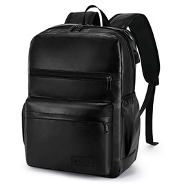 BAGZY 15.6 Inch PU Leather Laptop Backpack, Water Resistant 20L Anti-Theft Travel Personal Item Bag for Work College Nurse Teacher, Under Seat Flight Approved Carry-on Luggage 40x30x15CM Black