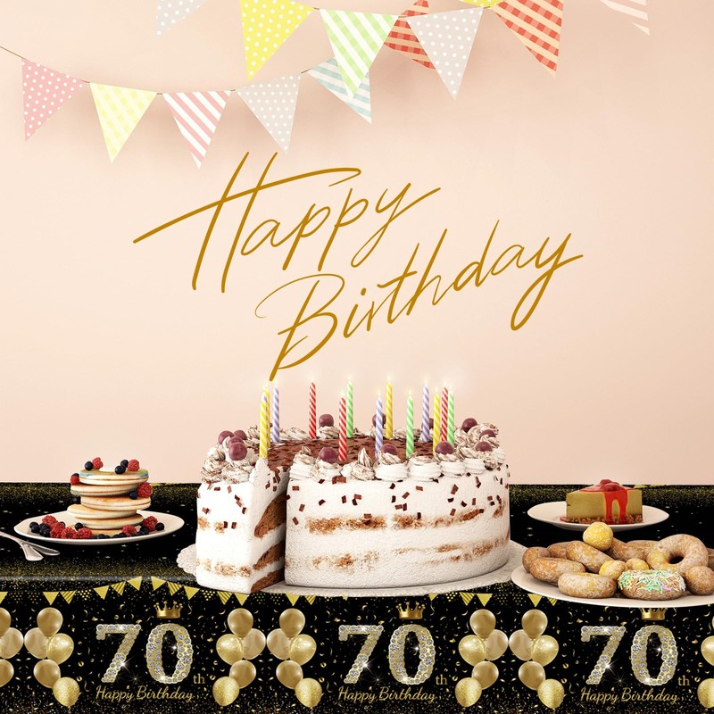 Xjoviative 2 Pack 70th Birthday Tablecloth Plastic 54x108 Inch, Black
