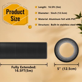 LBG Products 5 Inch 16.5Ft Dryer Vent Hose,Flexible Aluminum Insulation Air Duct with PVC Layer Protection Ducting Vent Hose for HVAC Heating Cooling Ventilation and Exhaust,12.5cm x 5m,Black